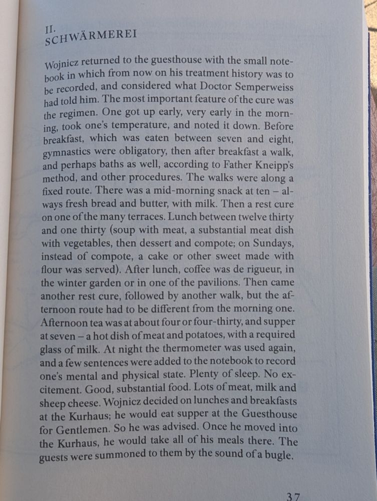 Page 37 of The Empusium by Olga Tokarczuk, describing a character's typical day at a German sanatorium, getting up early for exercise, followed by much resting and eating. 