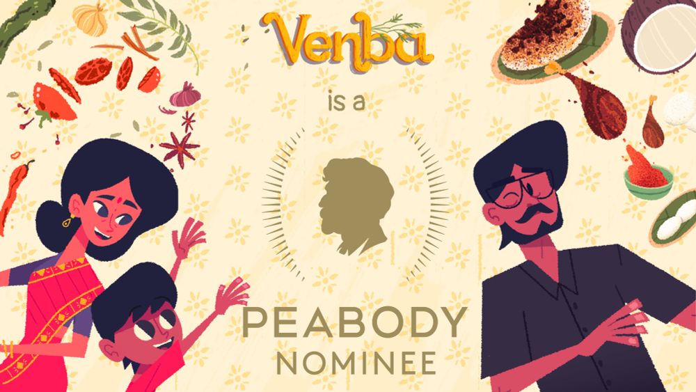 Key art of Venba showing all its characters with the text “Venba is a Peabody Nominee”