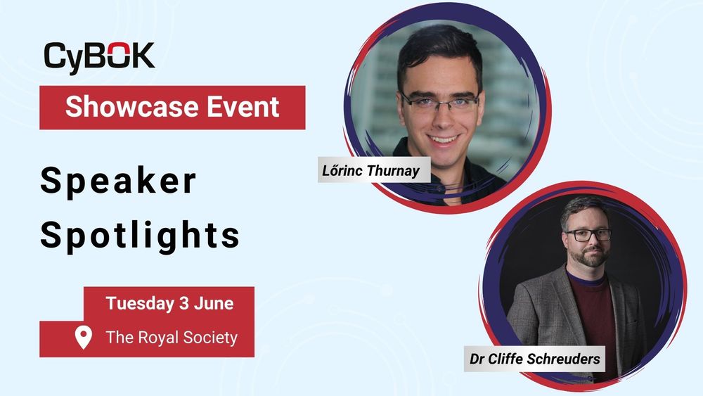 Showcase Event for CyBOK showing images of speakers. Tuesday 3 June, The Royal Society London