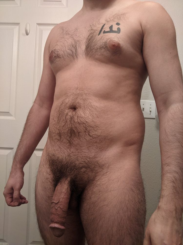 body shot, naked in my bathroom, dick slowly getting soft after having cum