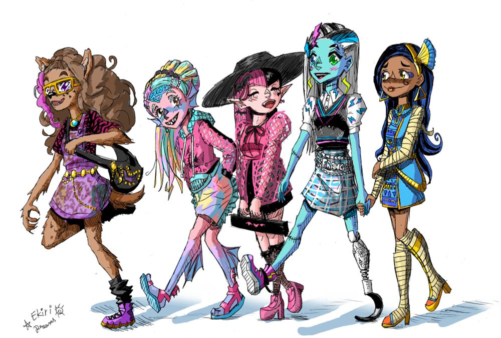 Monster high g3 characters, Clawdeen, Lagoona, Draculaura, Frankie and Cleo, drawn in ballpoint pencil, colored on computer, on a white background. They're walking to the left of the drawing.