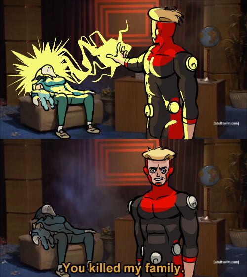 In the meme format of "Who Shot Hannibal" from the Eric Andre Show, Powerplex, a blonde man in a red and black supervillain bodysuit is in the first frame, zapping his wife and child with his electric powers. In the second and final frame below, his family is smoldering as Powerplex turns to the camera and says intensely: "You killed my family."
