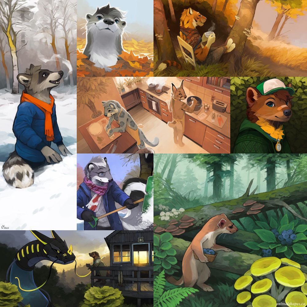 A selection of commissioned work arranged in some semblance of color order. So many tree shapes! Digital (Photoshop CC), 2023.
