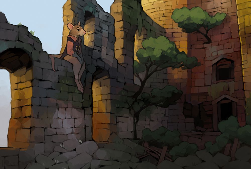 An anthropomorphic rodent in fine clothes sits on a crumbling wall in the midst of a ruined and overgrown courtyard. Early morning light falls warmly on the stones. Digital (Photoshop CC); oil brushes. 2022.