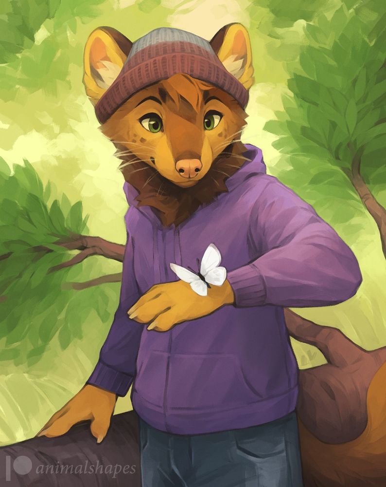 An anthropomorphic pine marten with a beanie and a purple hoodie, encountering a butterfly by a fallen tree, somewhere in the woods. Digital (Photoshop CC); oil brushes. 2023.