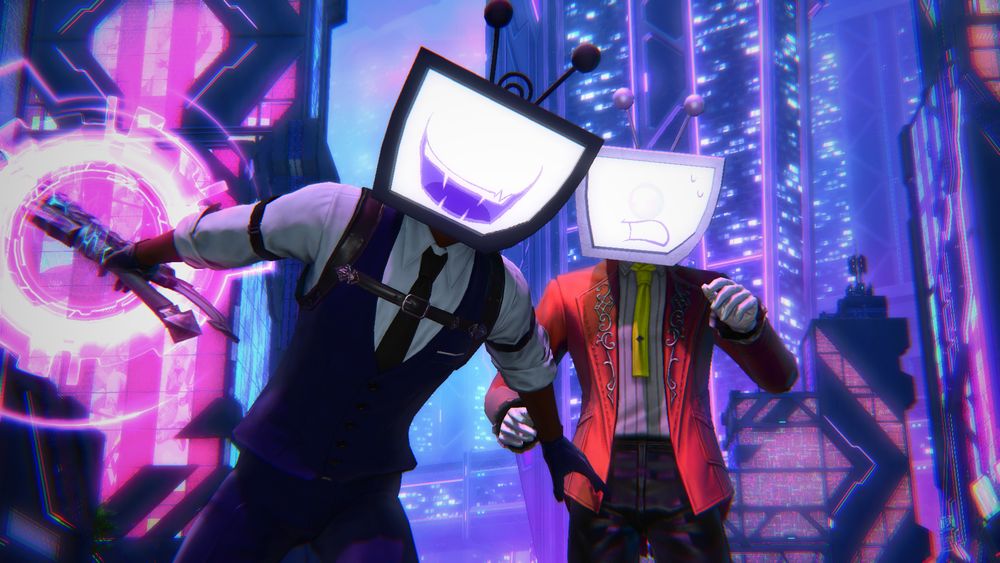 Thanks to the TV Host's head addition, Defernull Tenna can be a dark knight with a glowing sword and canon Tenna can be very nervous behind him as he pulls the boss immediately. They're in a glowing cityscape.