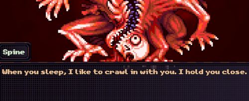 Spine from Look Outside, saying "When you sleep, I like to crawl in with you. I hold you close."