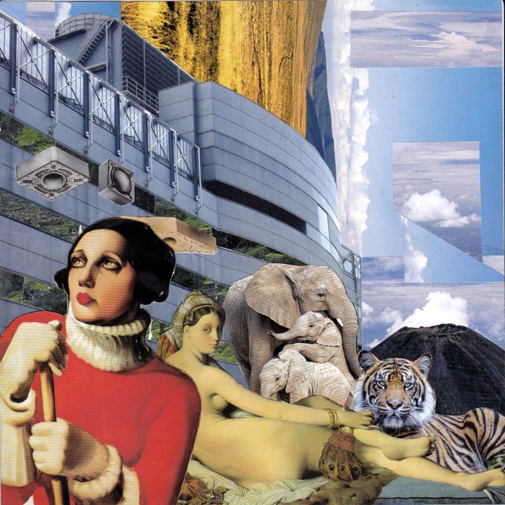 Analog collage. A woman in red is uninterested in elephants, tigers, or nudity.
