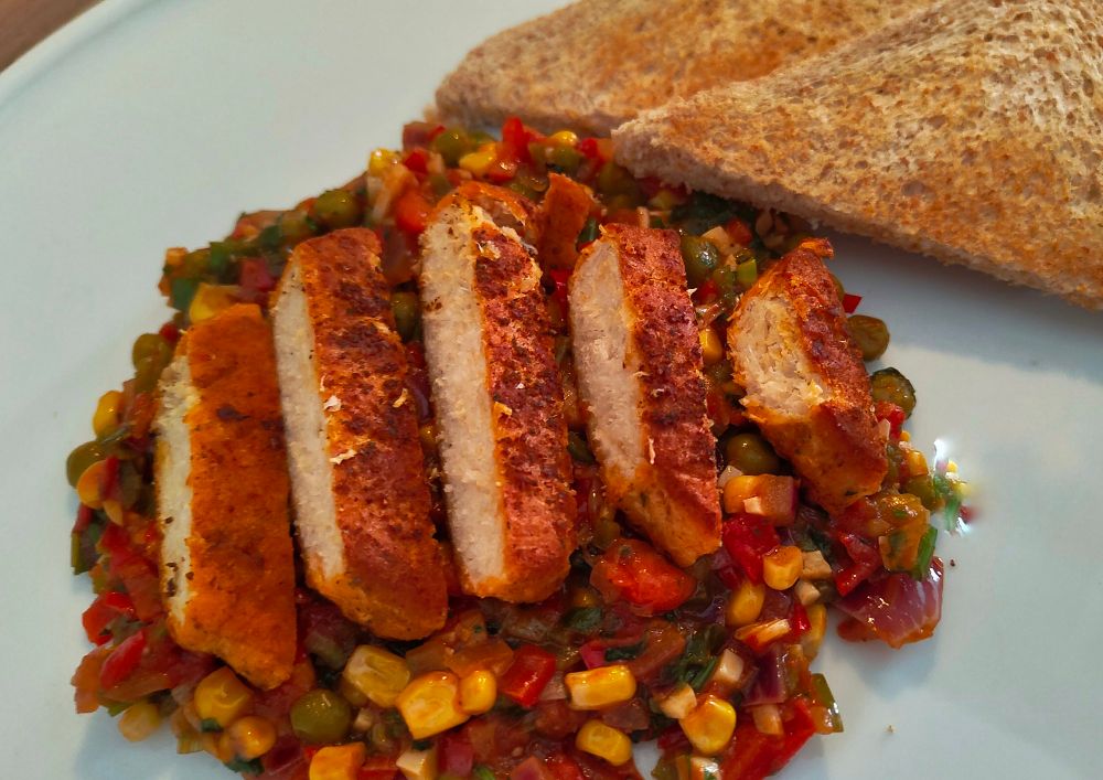 Veganes Hühnchen - Steak auf Gemüsebett