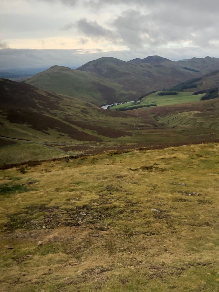 The Pentland main ridge with (L to R) Turnhouse Hill, Carnethy H, S Black H & Scald Law (close together), E Kip  and W Kip the pyramid on the end.