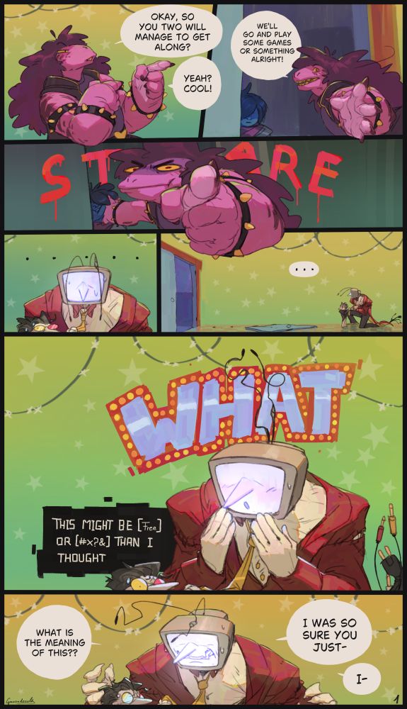 part 2 of a colored deltarune fancomic (page 1): Susie says "okay, so you two will manage to get along? yeah? cool! We'll go and play some games or soemthing alright!" as she does finger guns and turns to leave, but then stops to point at Tenna and Spamton with an intense stare before leaving, theres is a moment of silence as the latter look awkwardly after her, then Tenna says "WHAT" in his special font while slightly blushing and Spamton thinks "this might be [Free] or [#x?&] than i thought", Tenna says "what is the meaning of this?? i was so sure you just- i-" as he is getting visibly angrier again.