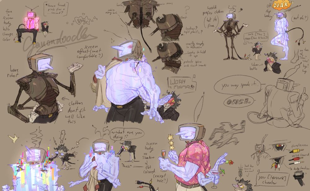 a page full of tenna and spamton doodles, including multiple of this artists interpretation of how tennas body works- as a thin metal skeleton with usually a screen effect giving him a more thick body over it; said screen body also has glitchy scars where the knight had cut him and in one sketch spamton curiously reaches into the gap it creates and it causes tenna to glitch out as well as him. the both of them are also holding hands in one of them with tenna glowing so strongly in bright pink it glows through his shirt.