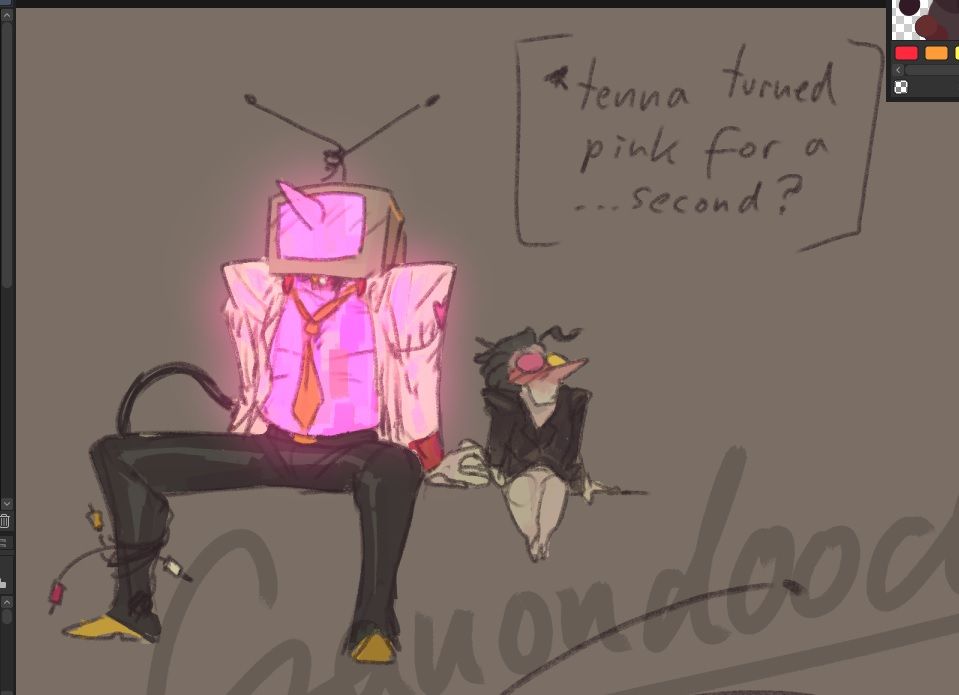 a screenshot of a small colored doodle depicting tenna and spamton awkwardly holding hands while looking away, tennas face and visible body is entirely glowing pink and his tail is wrapped around his own leg- theres text next to them saying "tenna turned pink for a .. second?" referencing the water cooler fight.