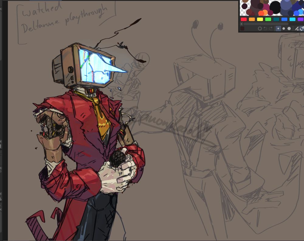 a colored sketch of Tenna (deltarune), his arms have been sloppily fixed with a thin metal skeleton showing under a thin hull, the sleeves of his suit hang low on his forearms and his screen has a big crack and some discoloration. theres an uncolored sketches of him before he was broken and one of the sprite with fangs in the background (here cut off in the screenshot)