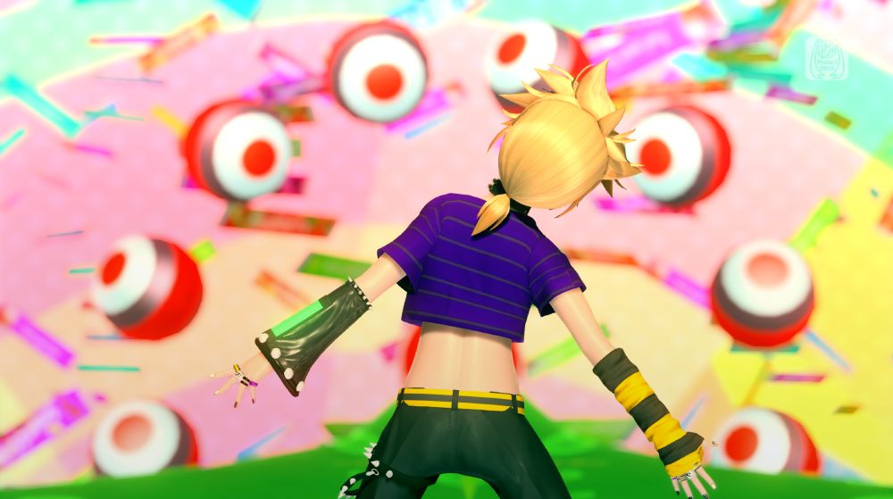 screenshot of the videogame hatsune miku project diva, showing off a custom modded module of my fan version of vocaloid Kagamine Len