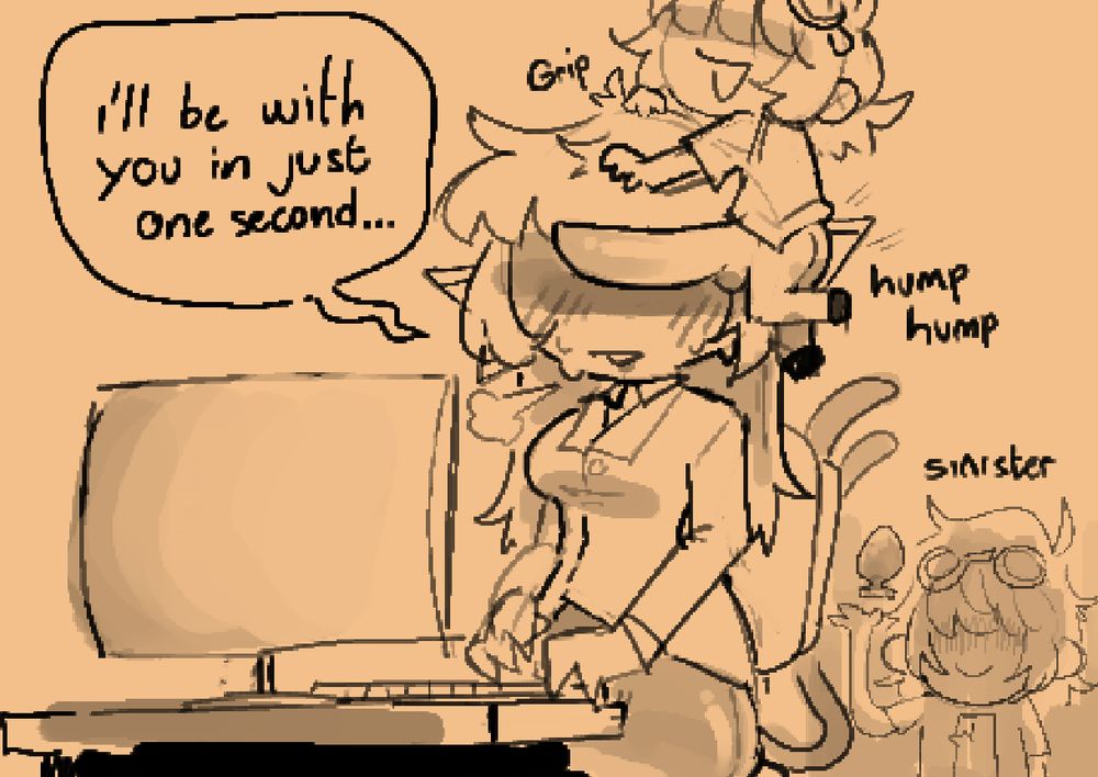 arugi blues in office attire, using a computer while a couple of tiny gpool guys are surrounding her doing all sorts of indecent acts. oh my.