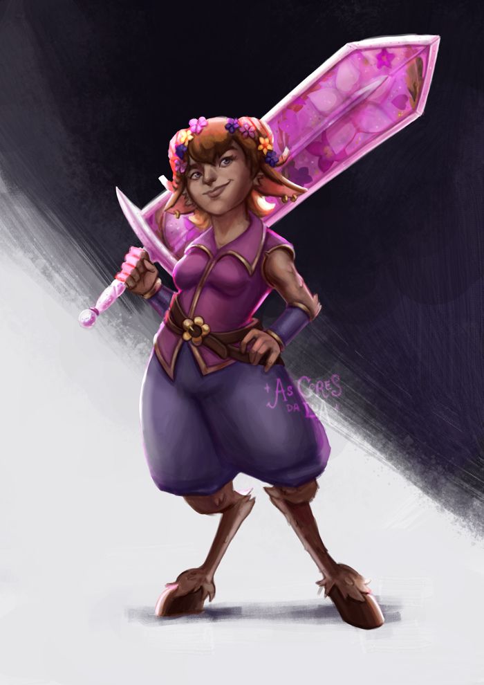 Full body painting of my DnD OC Daisy. Daisy is a satyr and is seeing wearing a pink vest over dusty purple pants, and carries with herself a magical greatsword made out of resin.