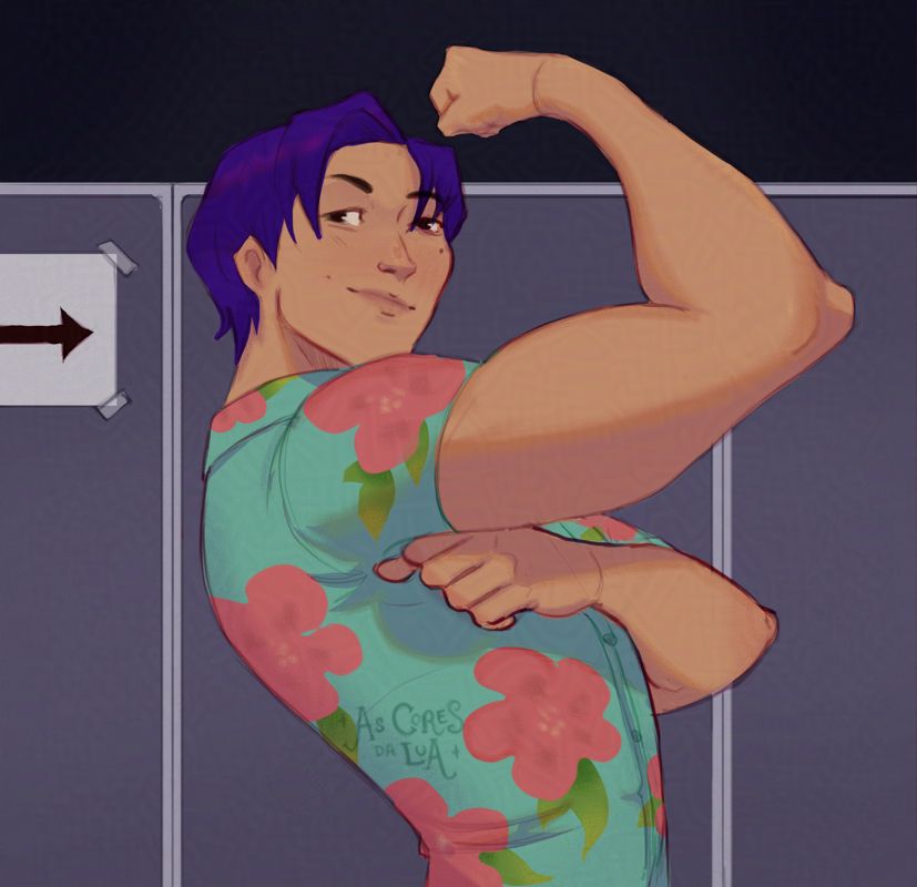 2D drawing of my OC Wooseok flexing and wearing the same shirt as Abby Saja from K-Pop Demon Hunters