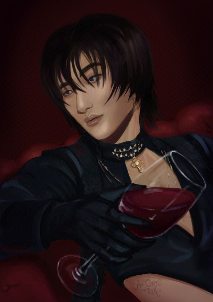 2D painting fanart of ateez member seonghwa lounging on a velvet couch and holding a glass of wine
