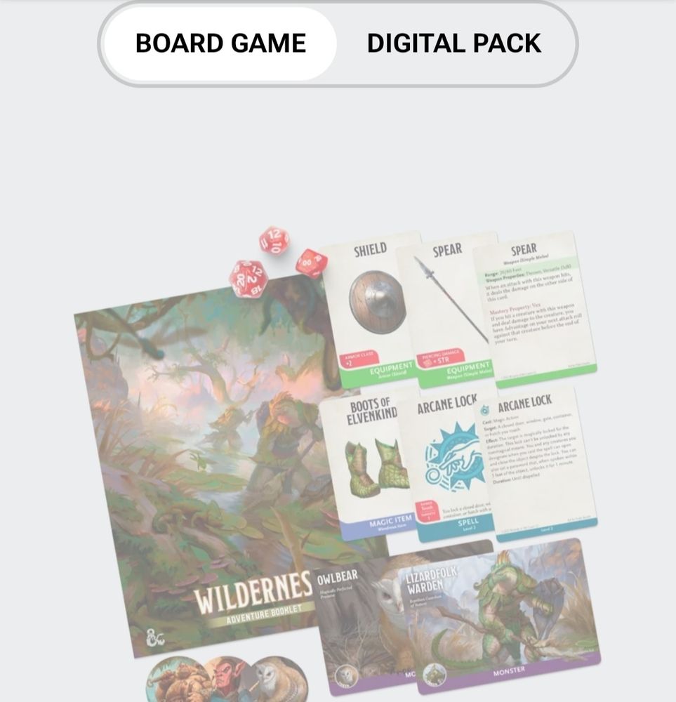 image of the physical starter set, with a button that lets you choose board game or digital pack 