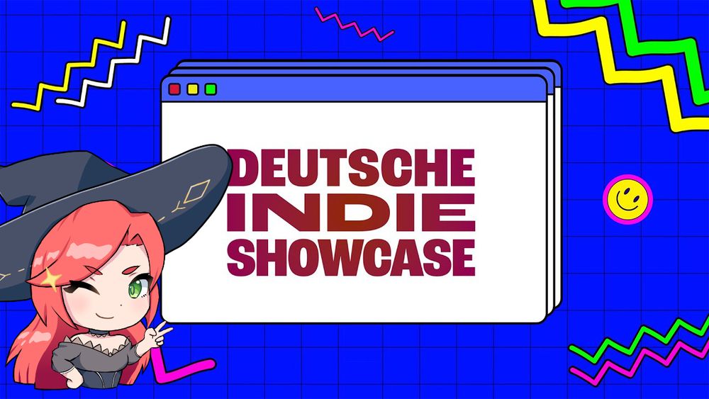 Chibi Willa, of Warding Witches, next to a sign promoting the Deutsche Indie Showcase (German Indie Showcase).