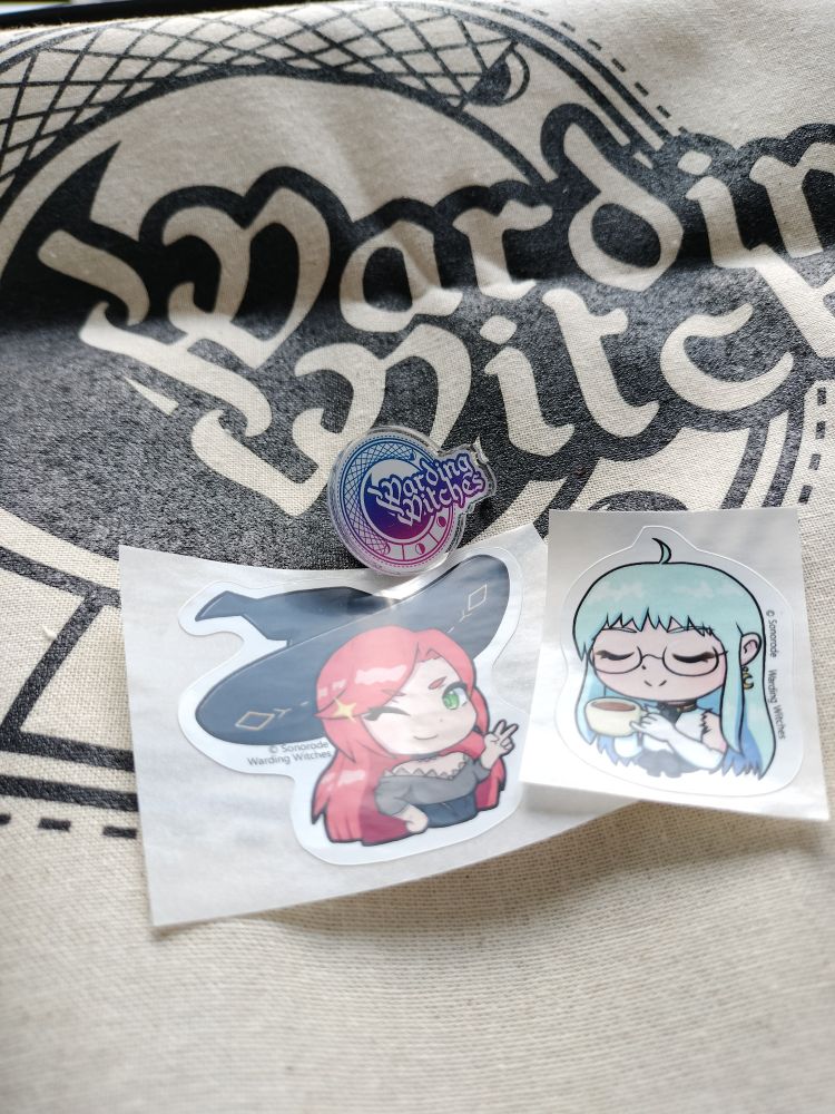 Stickers, a Pin and a tote bag - Warding Witches Merchandise.