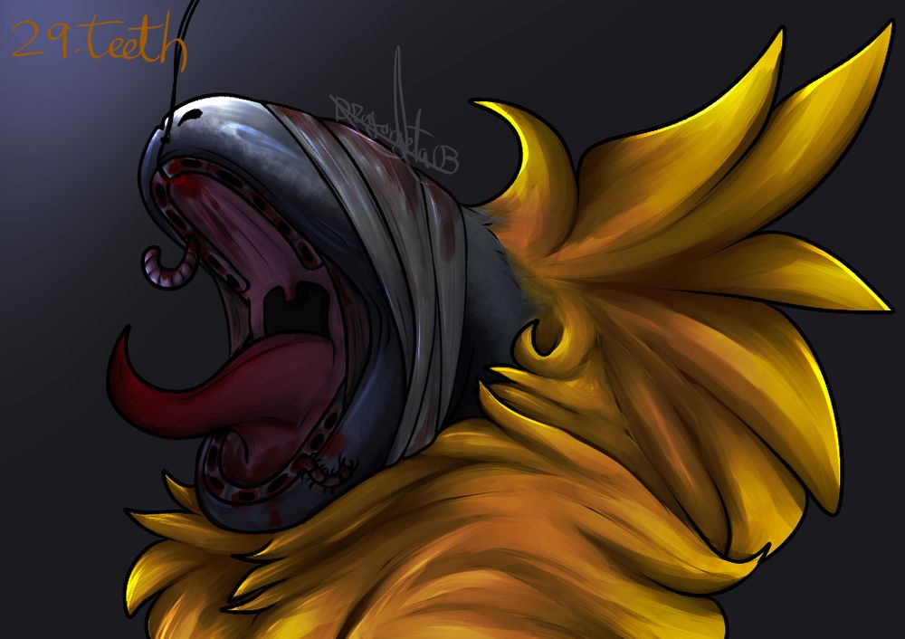 A black, white and gold mochiraptor, his mouth is being forced open by a hook, revealing a toothless mouth with insects crawling out of them, his eyes are bandaged and bloody, making him blind