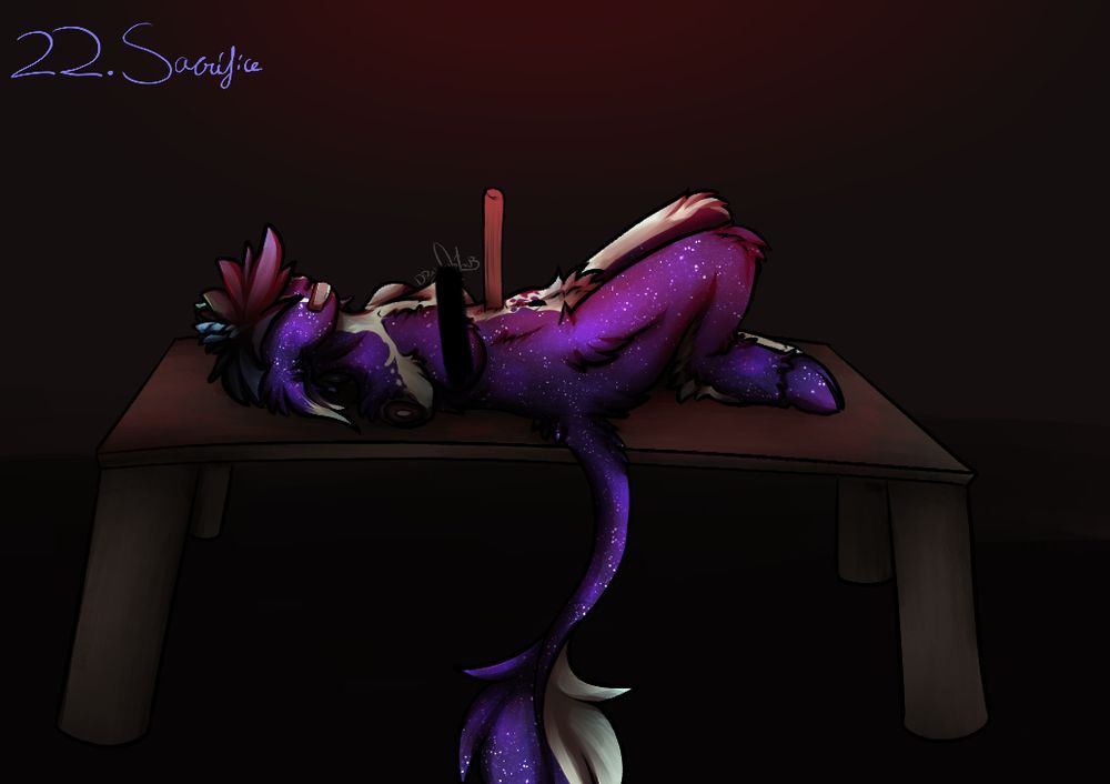 A purple and white Satyr with blue and green antlers, now cut off, their mouth has been sealed shut and their arms cut off, theres a huge spike penetrating the abdomen