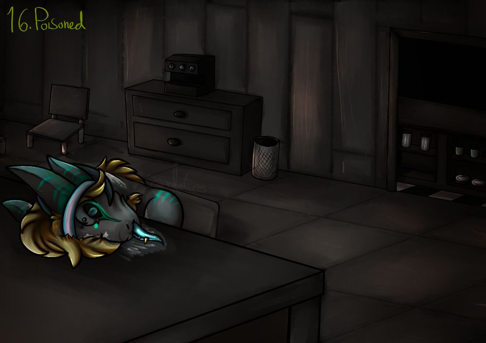 A black, yellow and green mochiraptor with signs of vitiligo and a headband with the trans flag on it, she is sitting on a table with her head slumped over with drool coming out of her mouth, she appears to have been poisoned