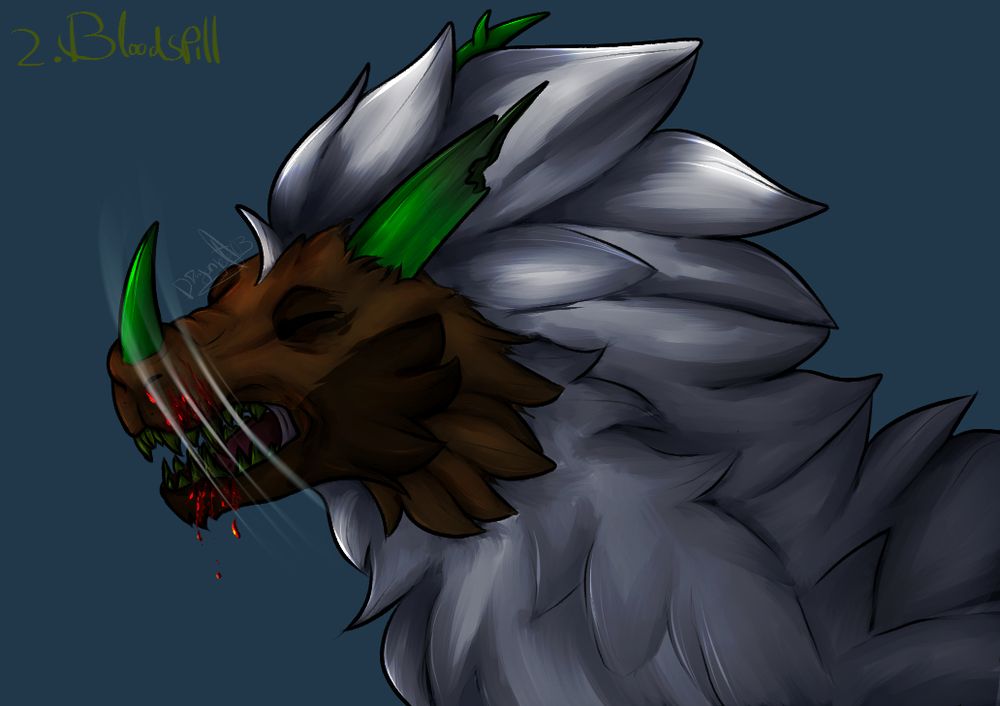 A Brown and white mochiraptor (a fictional species) with green horns, someone scratched her nose, drawing blood