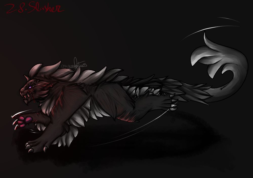 A black and white thumpking littered in scars, is swiping at whats in front of him and there's blood coming out of his mouth