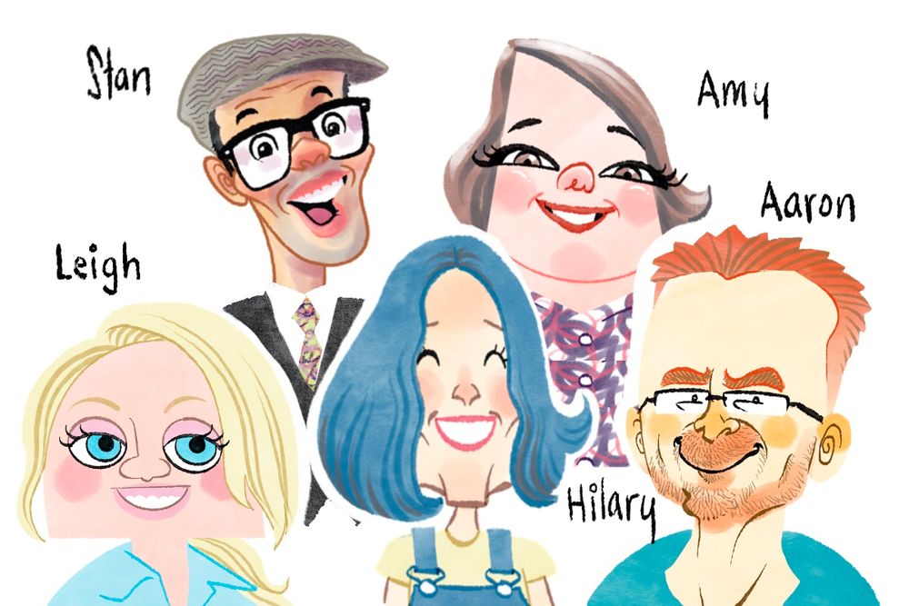 Caricature illustration by Stan Yan of the RMC-SCBWI regional team: Stan Yan, Amy Ellerman, Leigh Gaddy, Hillary Hickman, and Aaron Hickman.