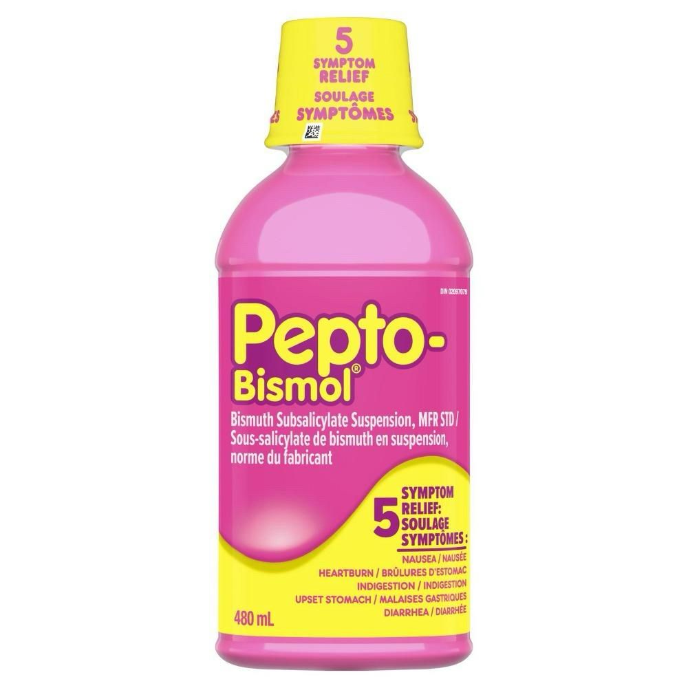 A bottle of Pepto-Bismol. It’s mainly a lurid bubblegum pink.