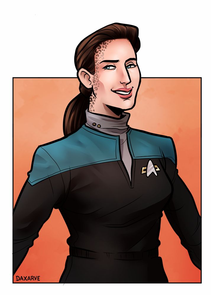 An illustration of a smiling Jadzia from Star Trek: Deep Space 9. She's wearing her uniform and seems a little like she's up to something.