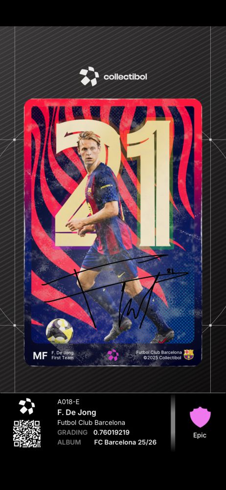 A digital football trading card of FC Barcelona player Frenkie De Jong, with the player’s signature on the card.