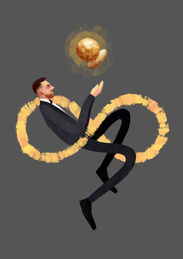 Lionel Messi floating along with a glowing Ballon d’Or trophy, a tribute to his 8th Ballon d’Or win in 2023