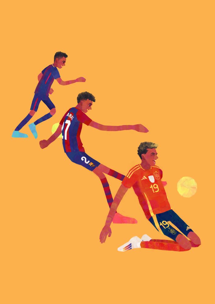 Illustration of Lamine Yamal, depicting 3 milestones of his footballing career: Playing for Barça's youth academy La Masia, playing for Barça's first team, & playing for the Spanish National Team