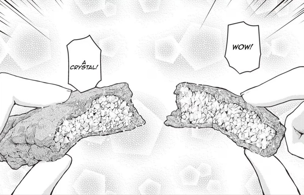 ruri rocks ruri no houseki manga, a flat stalactite snapped in half to reveal crystals inside
