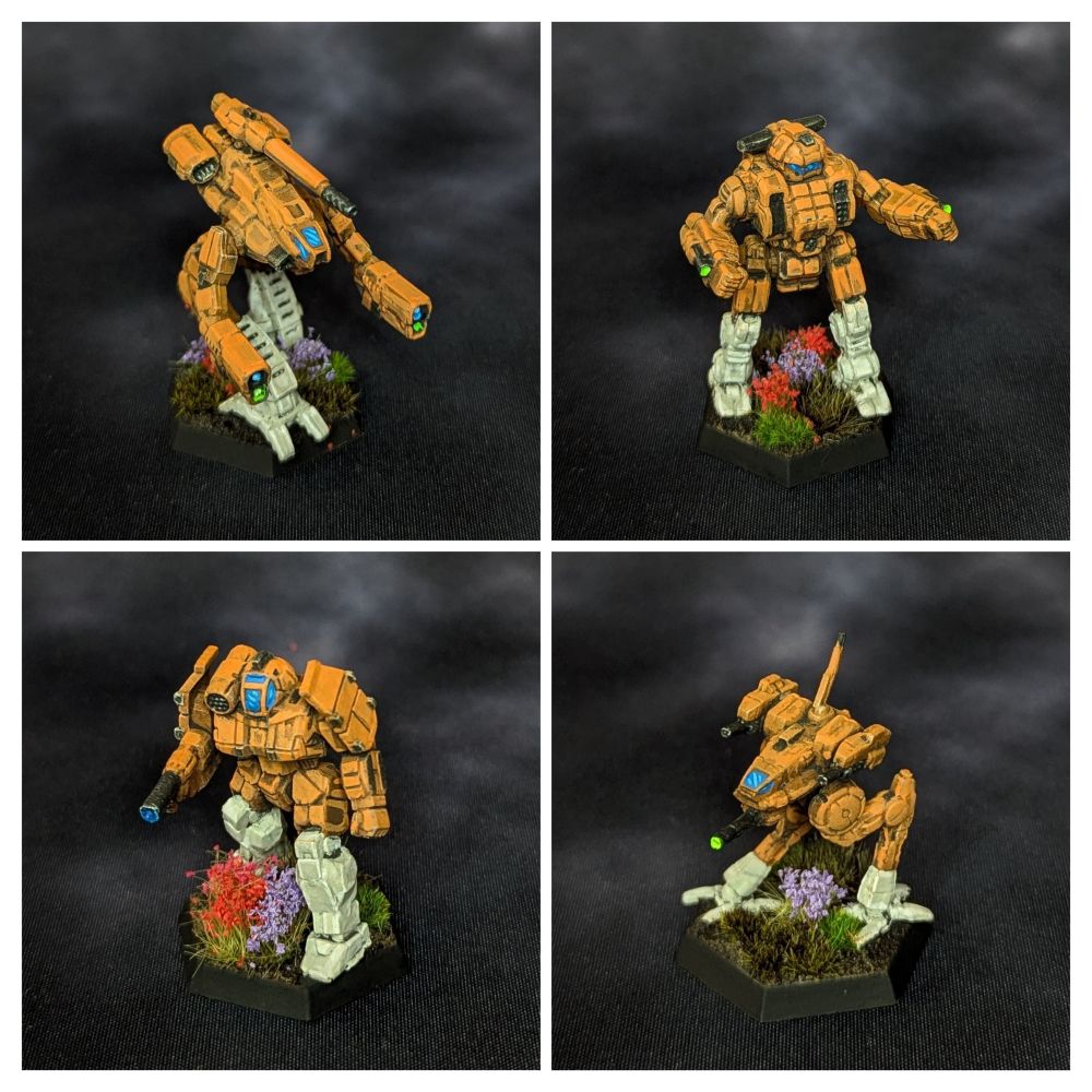 A marauder, quickdraw, griffin, and locust painted in Fox Patrol colors. Orange tops and white legs.