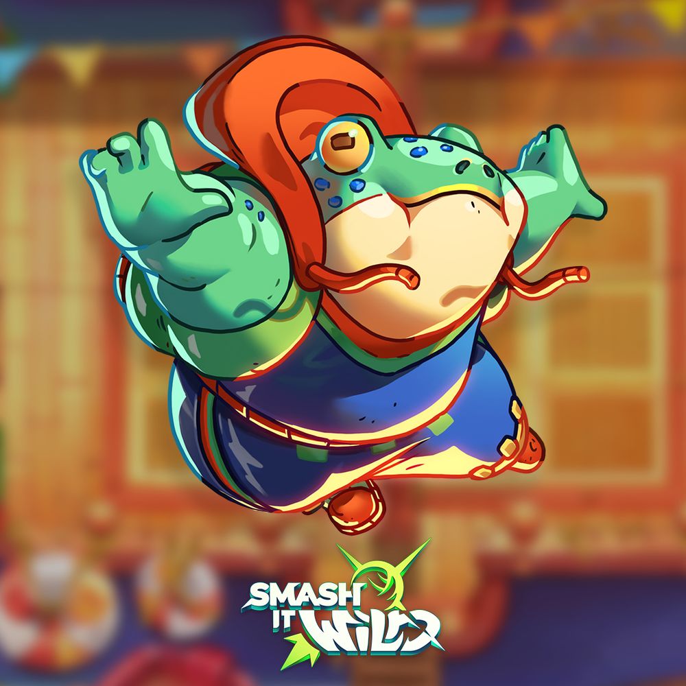 Muscular toad in sportswear jumping in the air, wearing a red hood, on a colorful background, Smash It Wild logo at the bottom of the image.