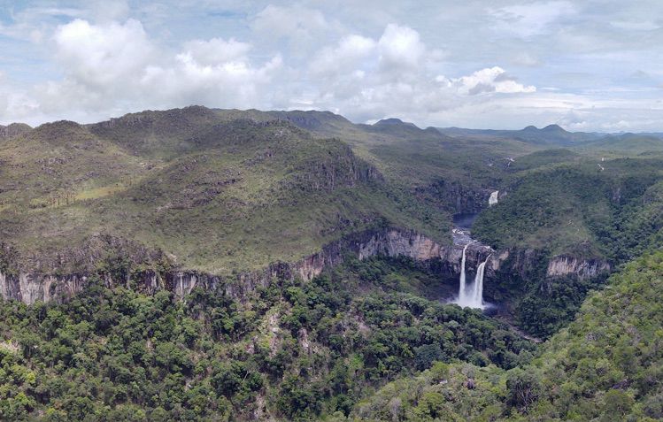 Cerrado landscape with grasses, forests, and waterfalls