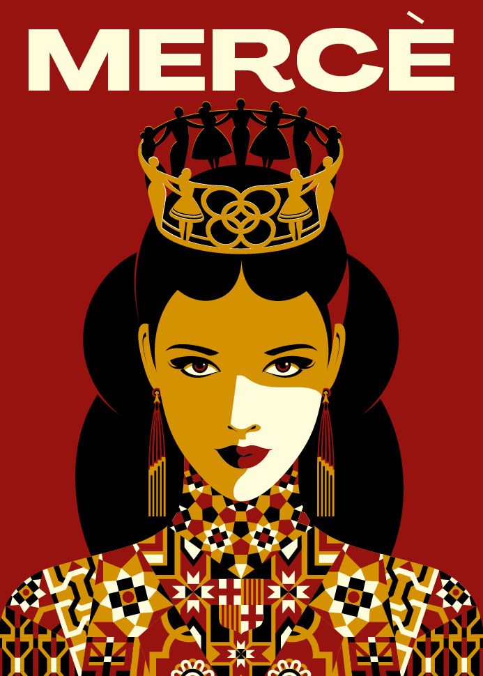 El dibujo del busto de una mujer de pelo largo negro en colores planos amarillos sobre fondo rojo con una corona de figuras antropomórficas bailando una sardana que en la parte posterior tiene la forma de la flor de las aceras de Barcelona. En el vestido de patrones muy abstractos pero de líneas bastante rectas se ven símbolos a la ciudad, como por ejemplo su escudo.