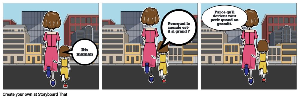 Bd avec une mère et sa fillette qui demande pourquoi le monde est si grand.
Sa mère lui répond que c’est parce qu’il devient tout petit en grandissant.

Sur ce, j’aimerais par curiosité savoir si quelqu’un lit ma description pour personne non voyante? Merci 