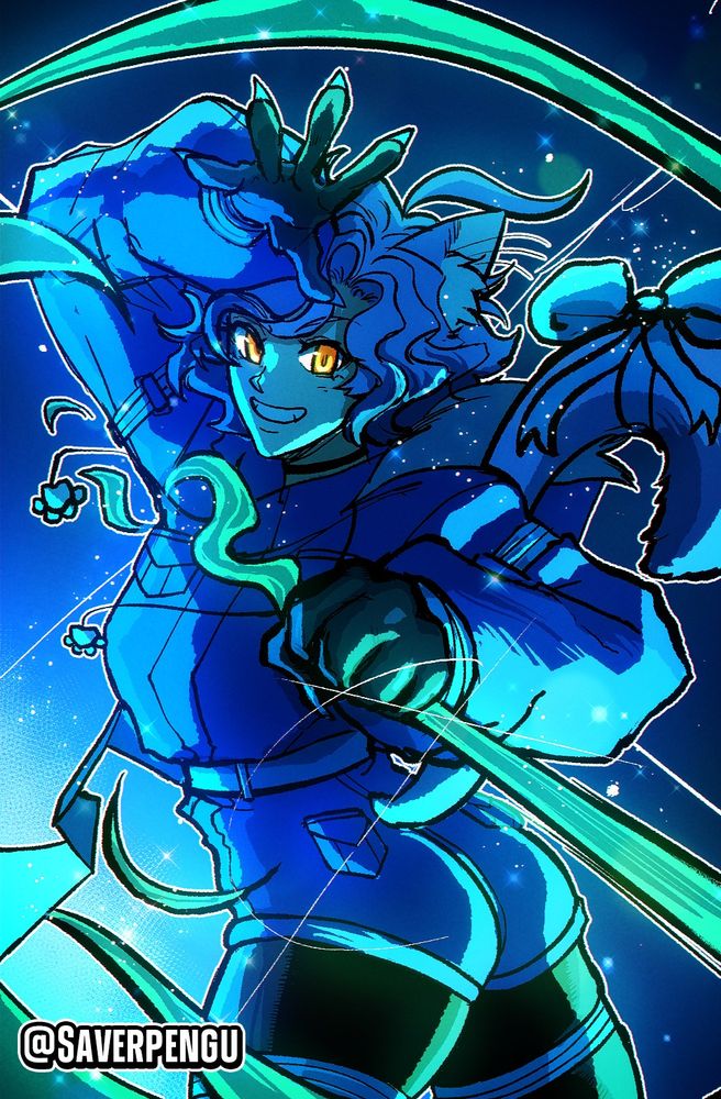 My oc Miruna calling on their spirit animal to form a glowing green weapon. The picture in question is showing the ability in motion, as the choice of weapon itself can essentially anything. Back is turned towards the viewer
