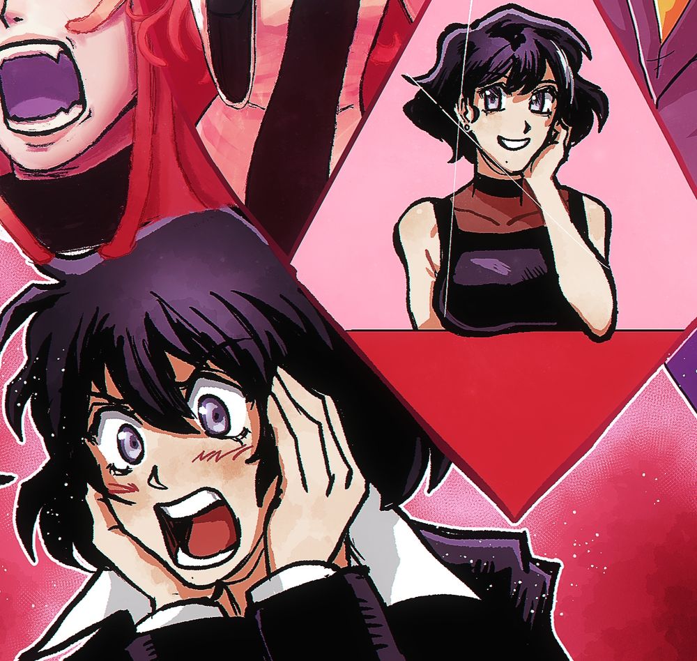 Chain Sumeragi from Kekkai Sensen / Blood Blockade Battlefront holding her face, flushed with embarrassment. above her is another version of her sitting at a table wearing a fancy dress. One variant has a white streak in her hair, the other does not.