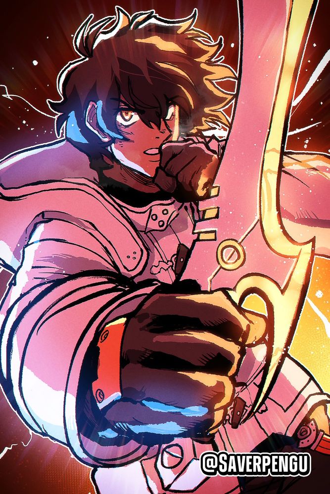 My oc Mirren holding his sword Polaris towards the viewer with a raised fist. The look on his face is intense. The background is a bright glowing orange, with blue light bouncing off of the other side of him.