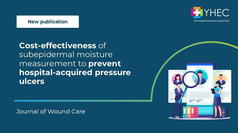 Blue graphic with a cartoon image of two people standing in front of tablet and phone screens featuring pictures and text. One person has a supersized magnifying glass and the other is using a tablet. There are box files on the floor. The text reads “Cost-effectiveness of subepidermal moisture measurement to prevent hospital-acquired pressure ulcers” “Journal of Wound Care”. The YHEC logo is in the top right corner.