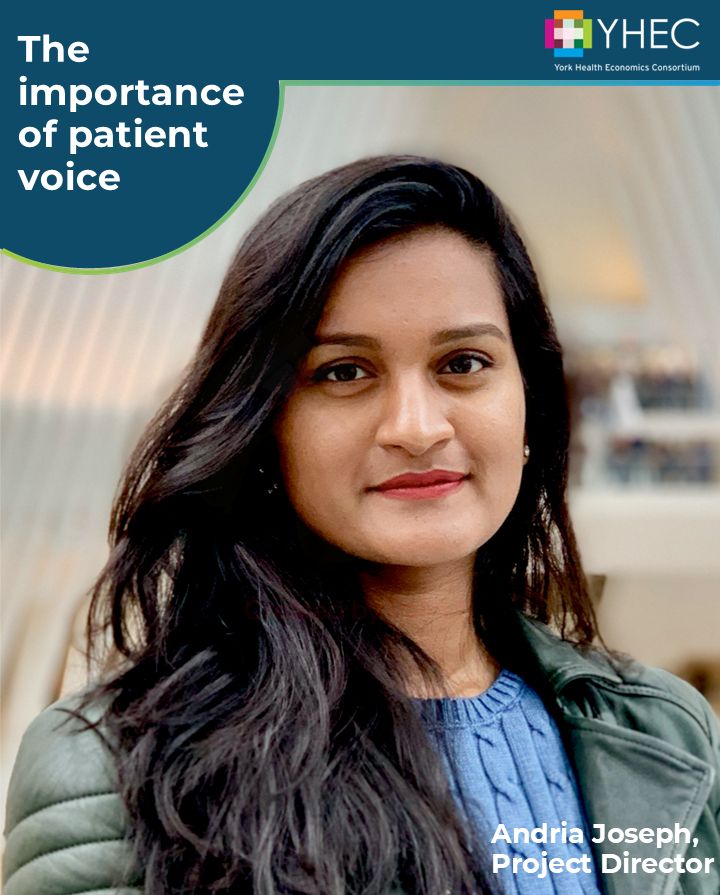 A portrait-style picture of Andria Joseph. There is a navy blue banner at the top of the image with the text "The importance of patient voice" and the YHEC logo. In the bottom right corner of the image, the text reads "Andria Joseph, Project Director".