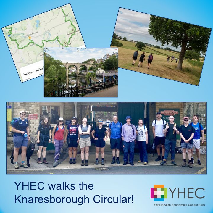 Blue infographic with three photographs and map. There is a map of the Knaresborough Circular route, a photo of the viaduct in Knaresborough and a photo of people walking in a field under a tree. There is a photo of the YHEC team standing in a line at Knaresborough station. The text reads “YHEC walks the Knaresborough Circular”. The YHEC logo is in the bottom left corner.