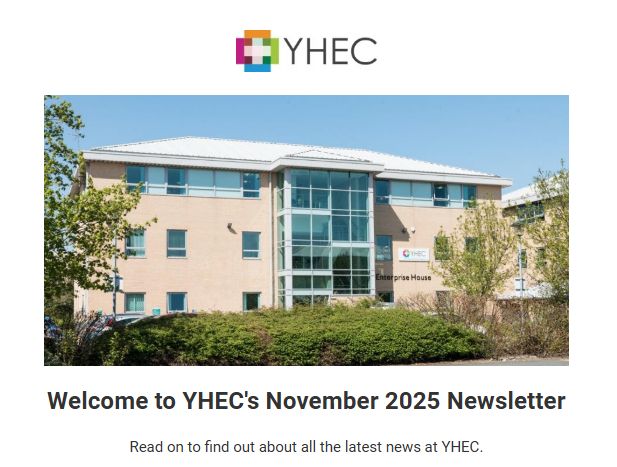 Screenshot of the front page of YHEC's November newsletter. It has a picture of the YHEC offices and the YHEC logo.